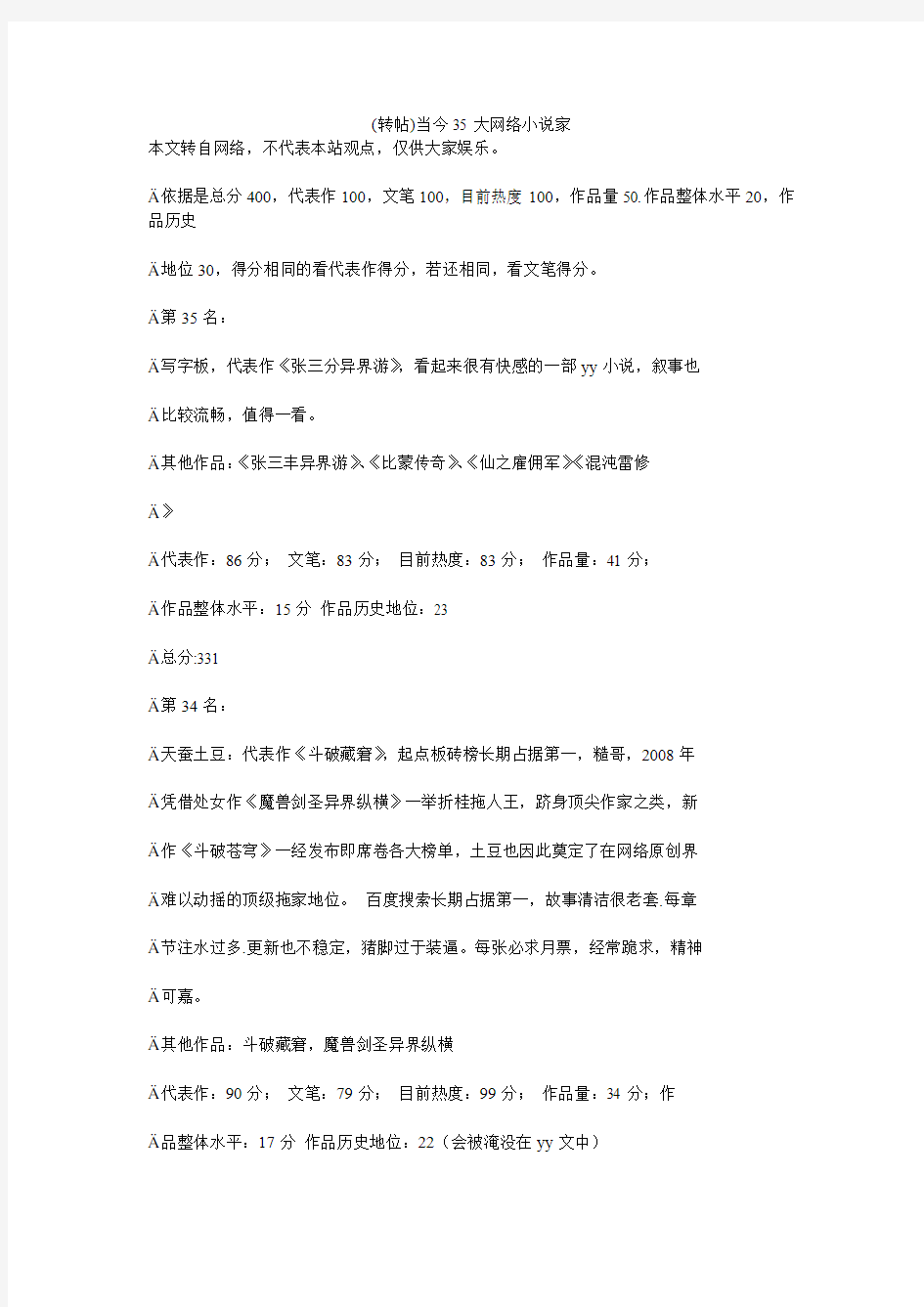 (转帖)当今35大网络小说家