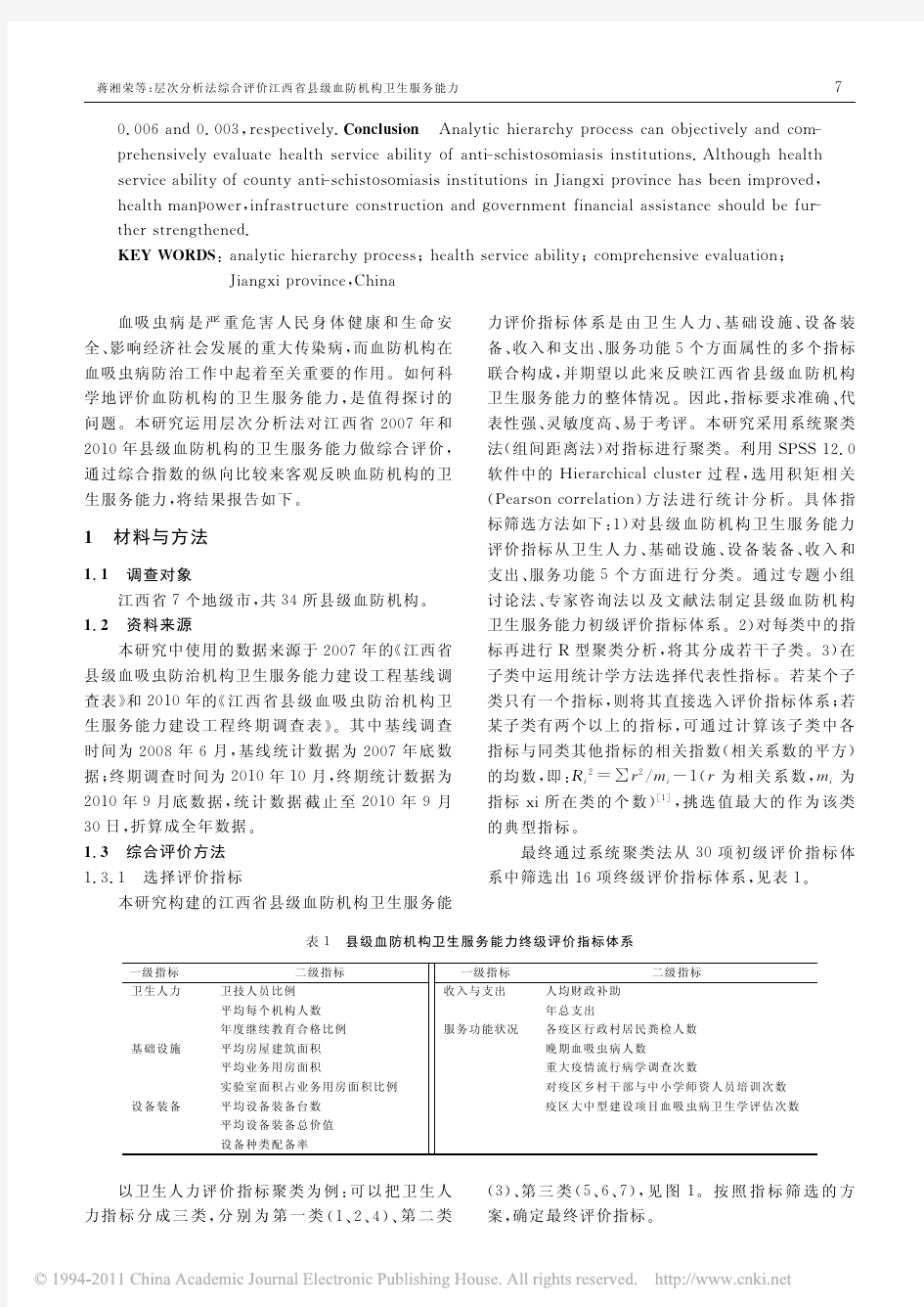 层次分析法综合评价江西省县级血防机构卫生服务能力