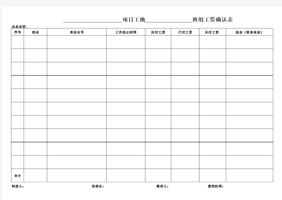 工人工资表(建筑工地含班组)