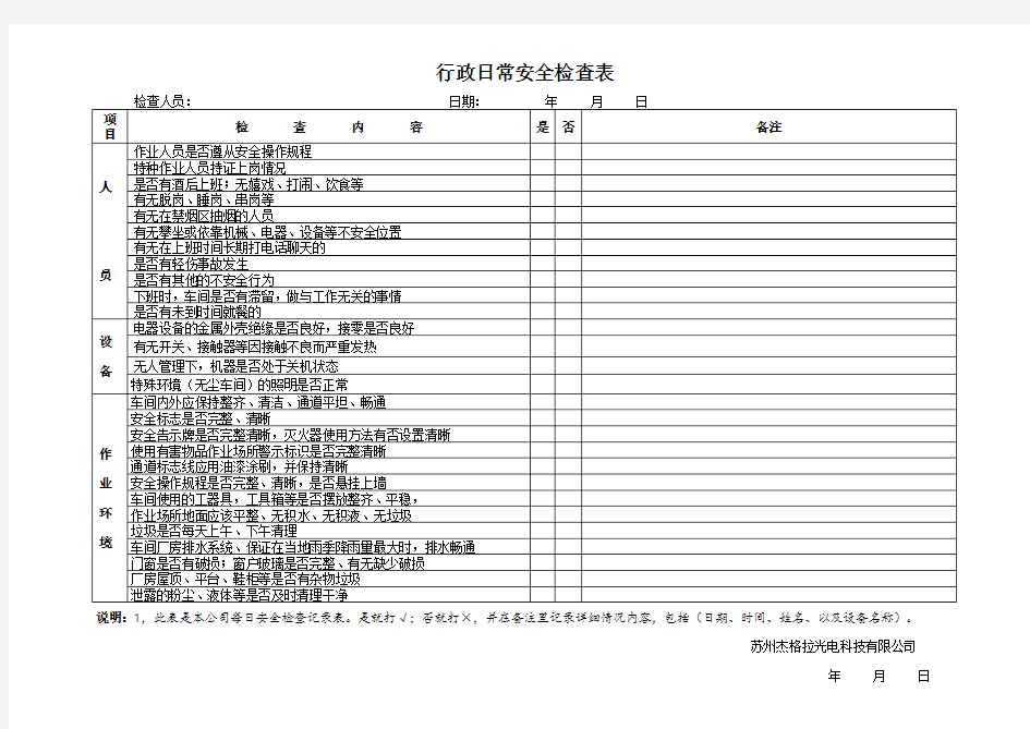 车间日常安全检查表