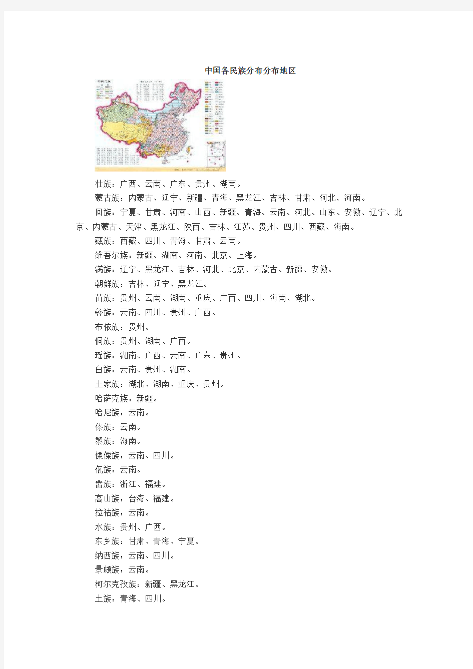 中国各民族分布分布地区
