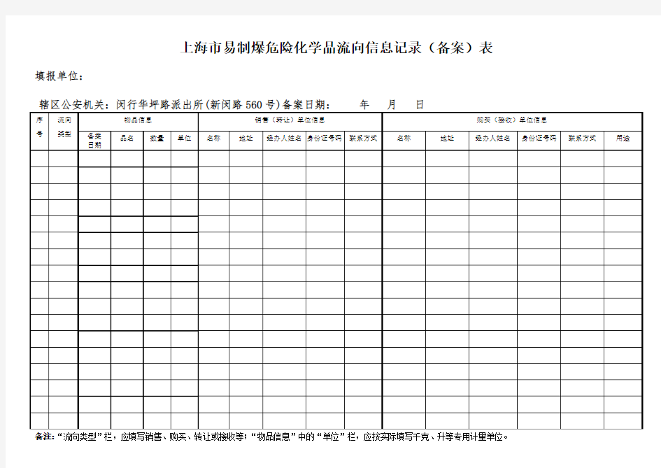 上海市易制爆危险化学品流向信息记录(备案)表