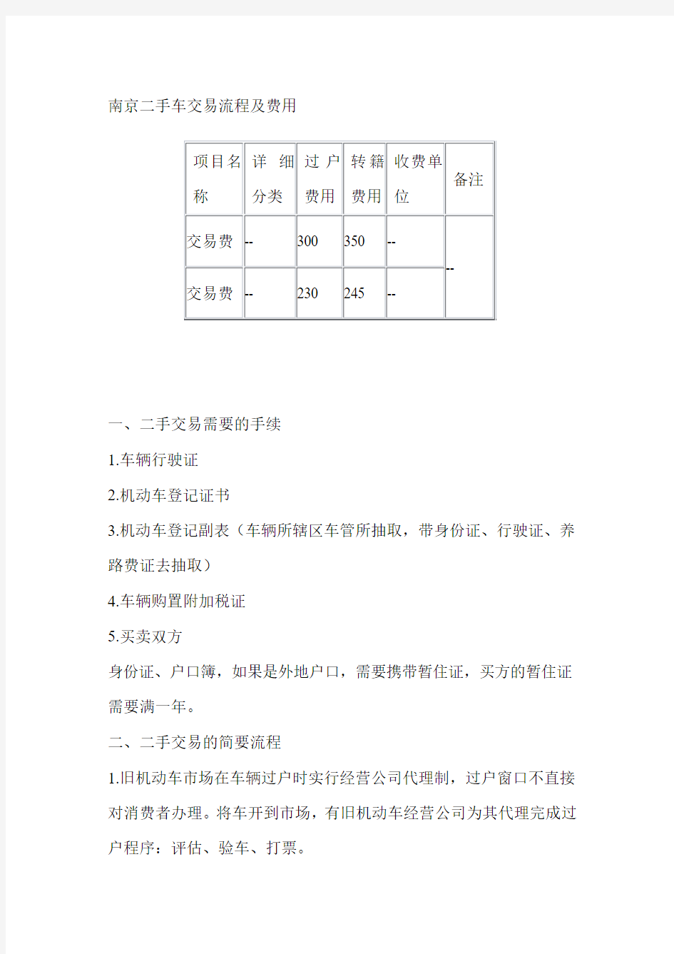 二手车交易流程及交易费用(南京)