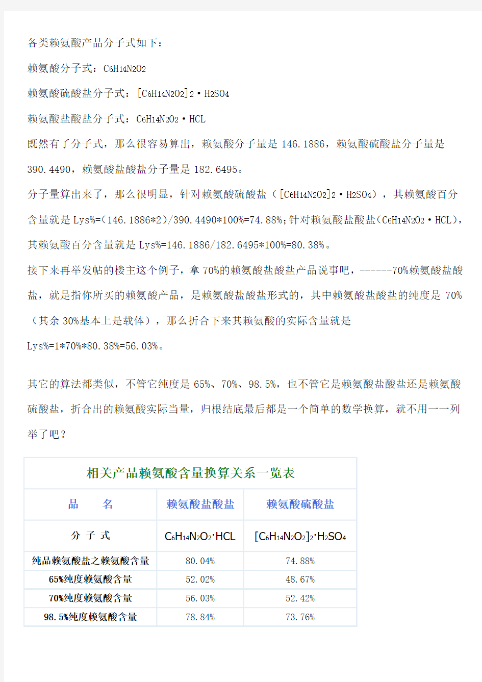 各类赖氨酸产品分子式如下