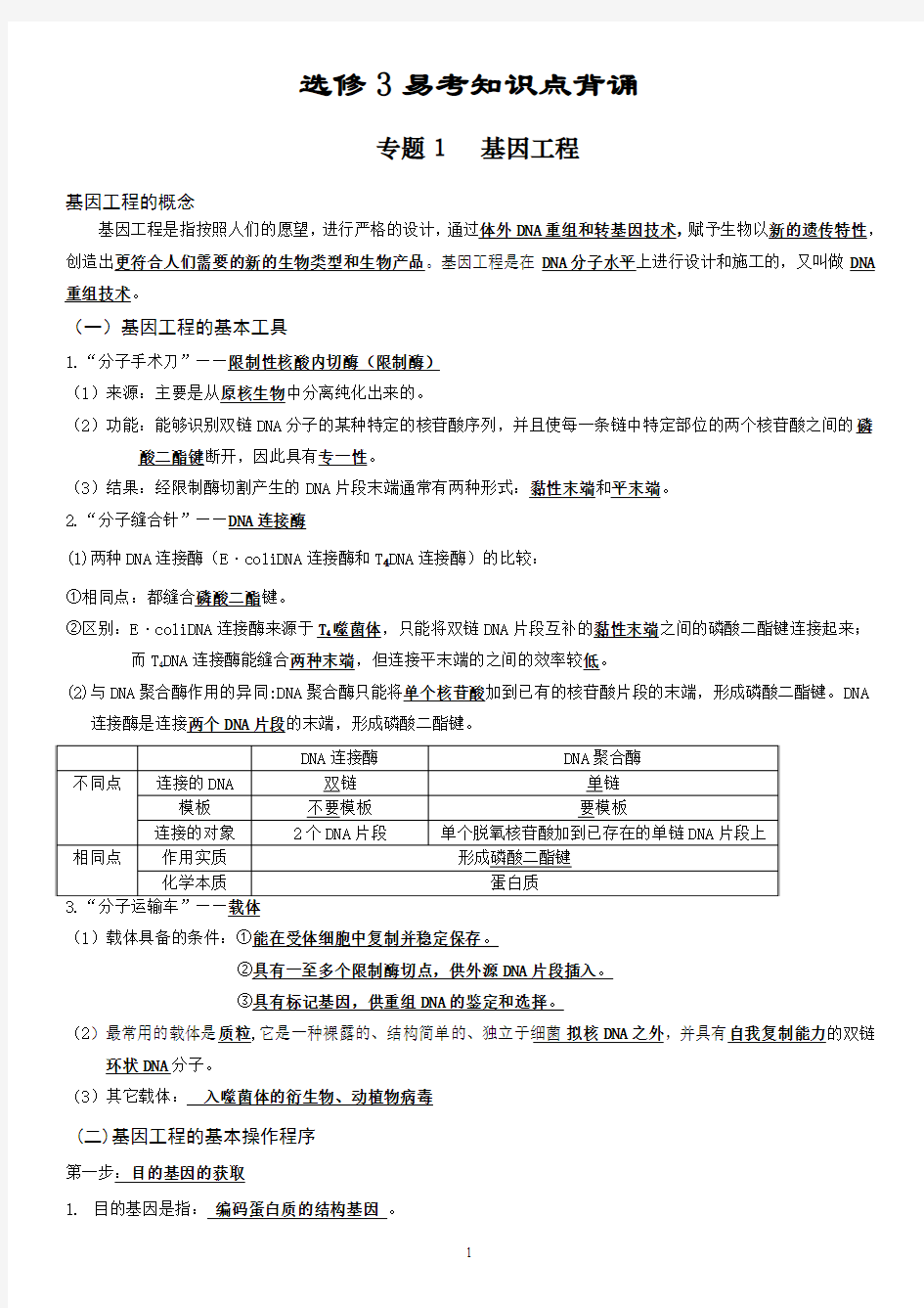 高中选修3《现代生物科技专题》知识点总结