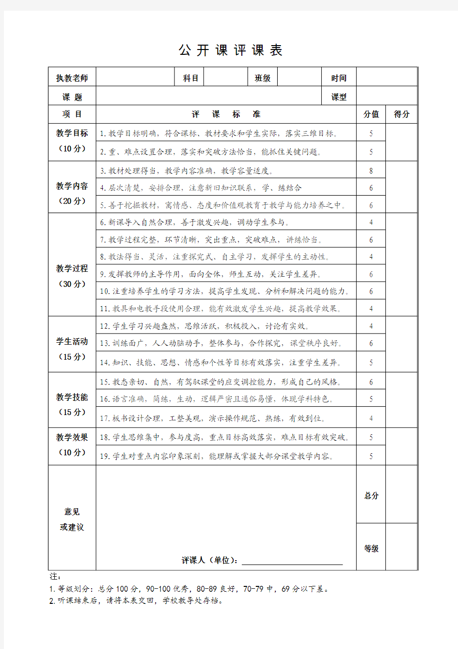 公开课评课表