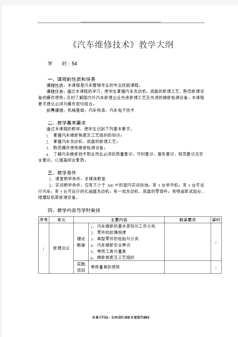 最新汽车维修技术教学大纲