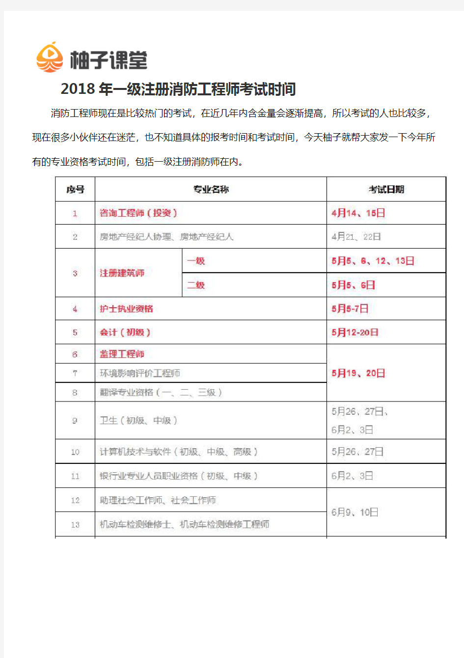 2018年一级消防工程师考试时间