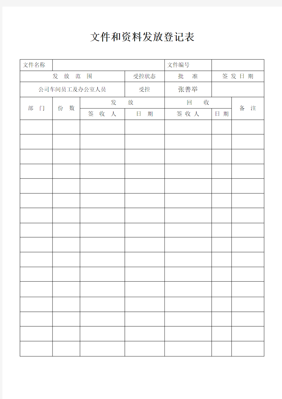 规章制度、作业指导书发放登记表