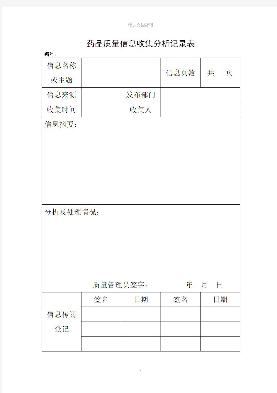 药品质量信息收集分析记录表