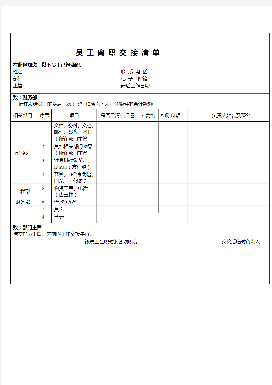 员工离职物品交接清单