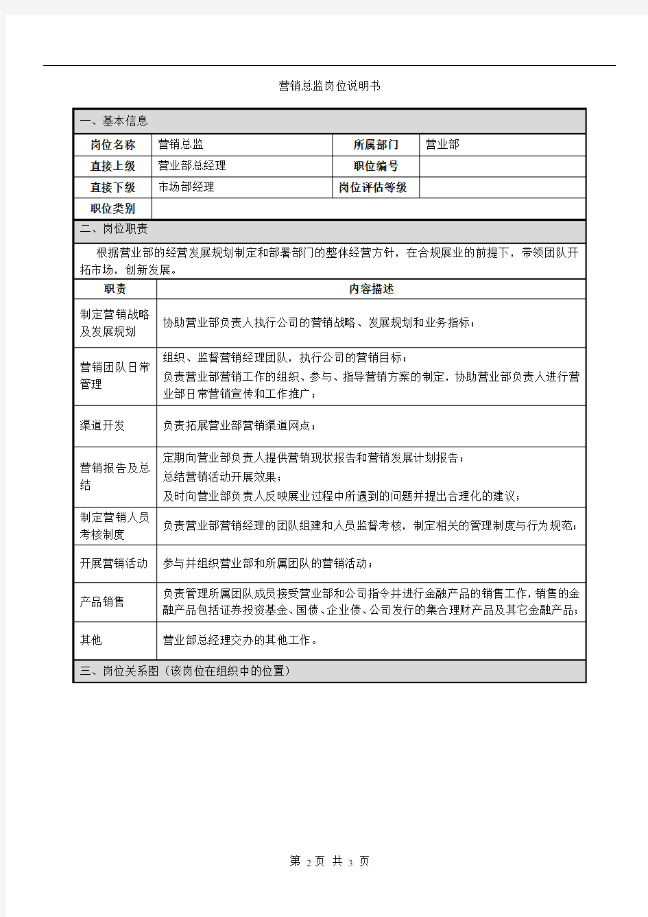 营销总监证券公司岗位说明书