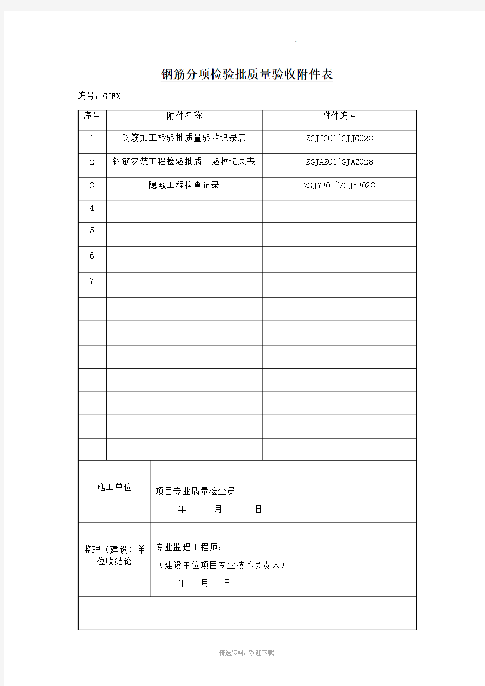 分项检验批质量验收附件表