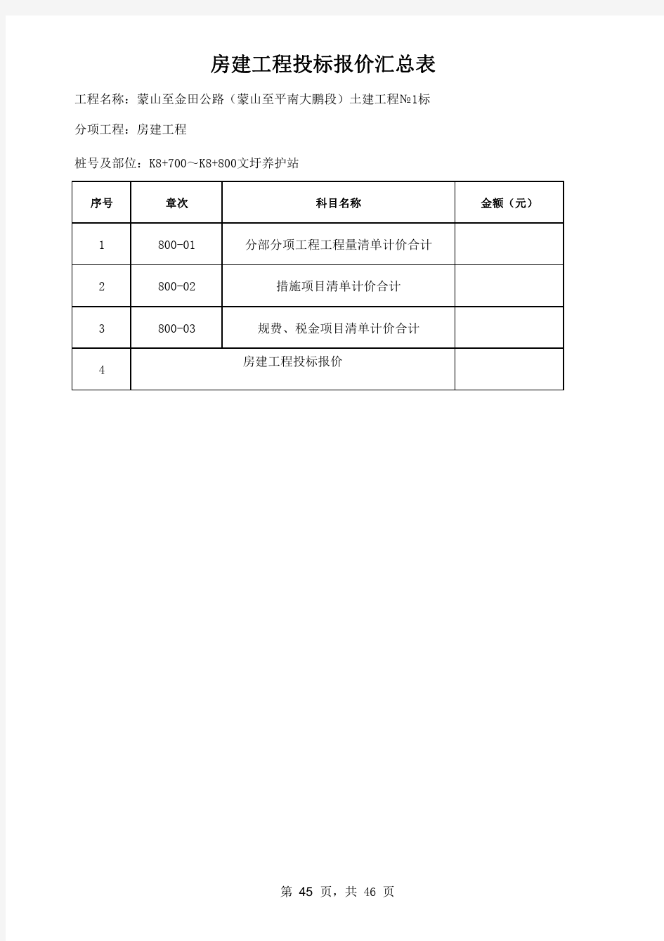 房建工程投标报价汇总表