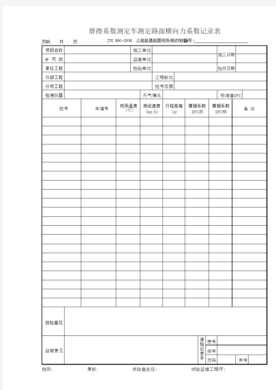 磨擦系数测定车测定路面横向力系数记录表