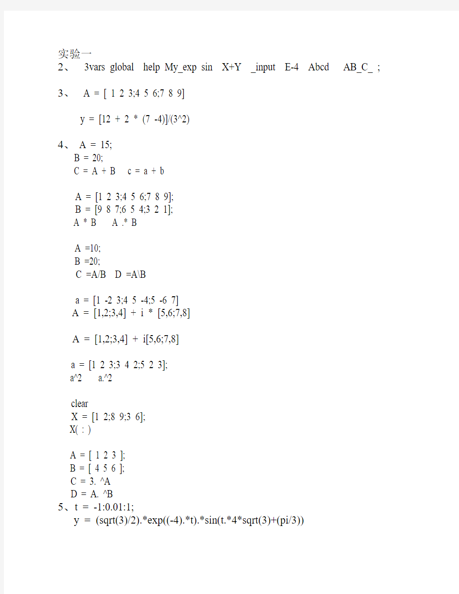 MATLAB实验代码汇总