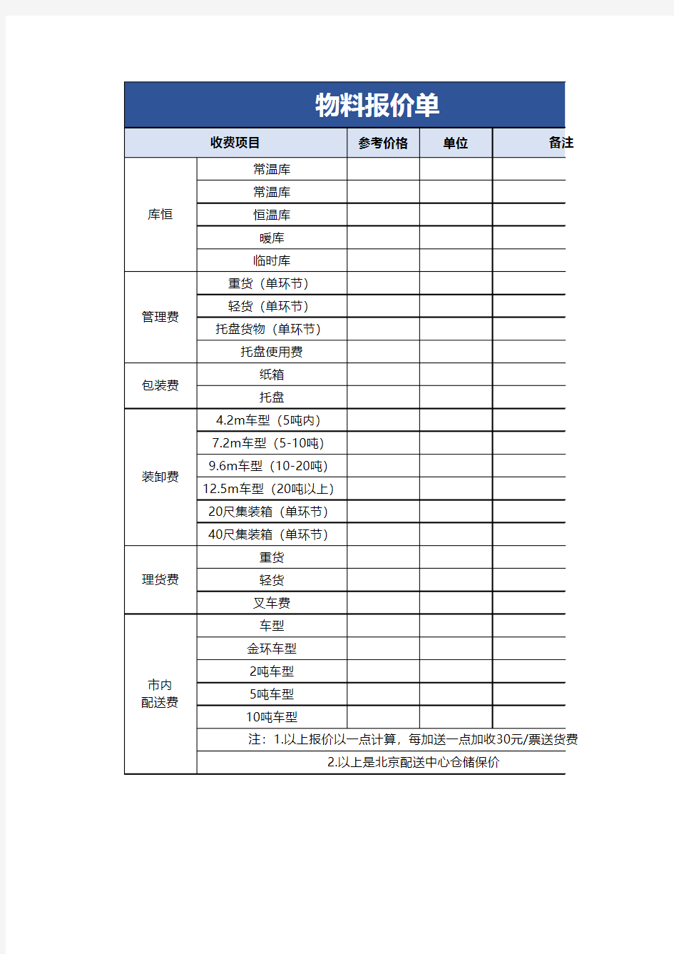 物料报价单Excel模板