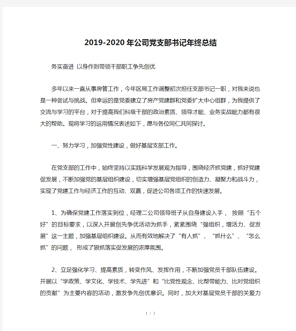 2019-2020年公司党支部书记年终总结