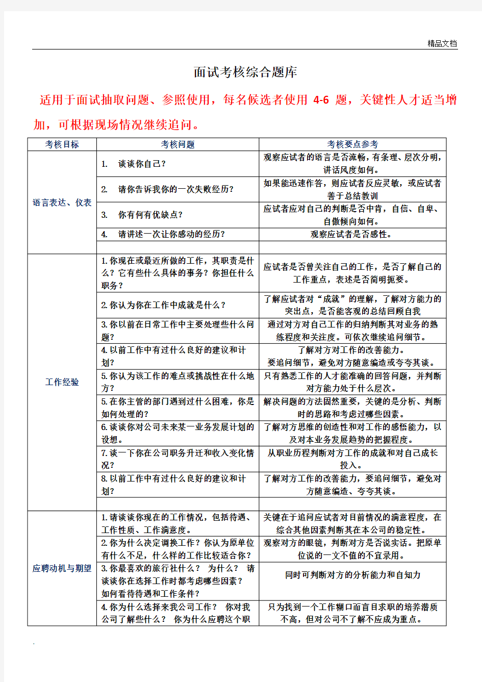 面试考核综合题库