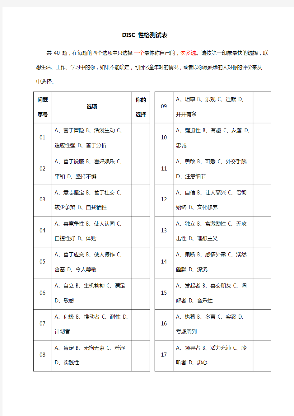 DISC性格测试表(可编辑修改word版)