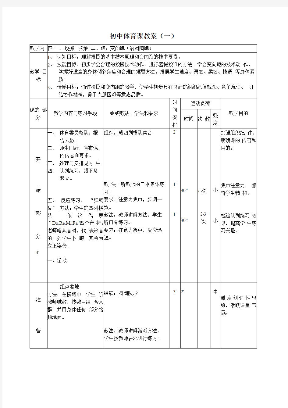 初中体育优质课教案1