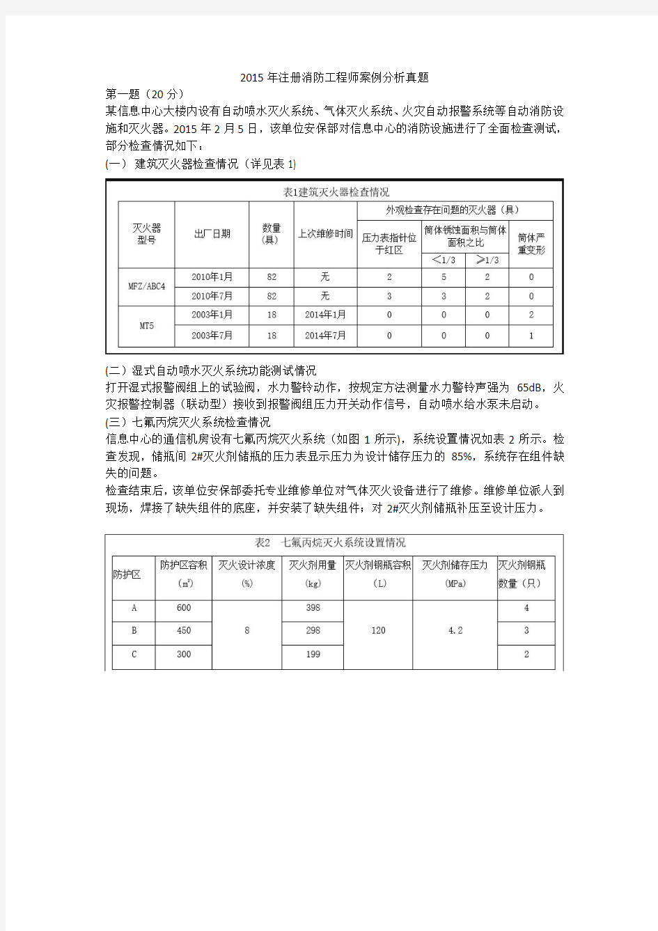 2015年注册消防工程师案例分析真题及答案