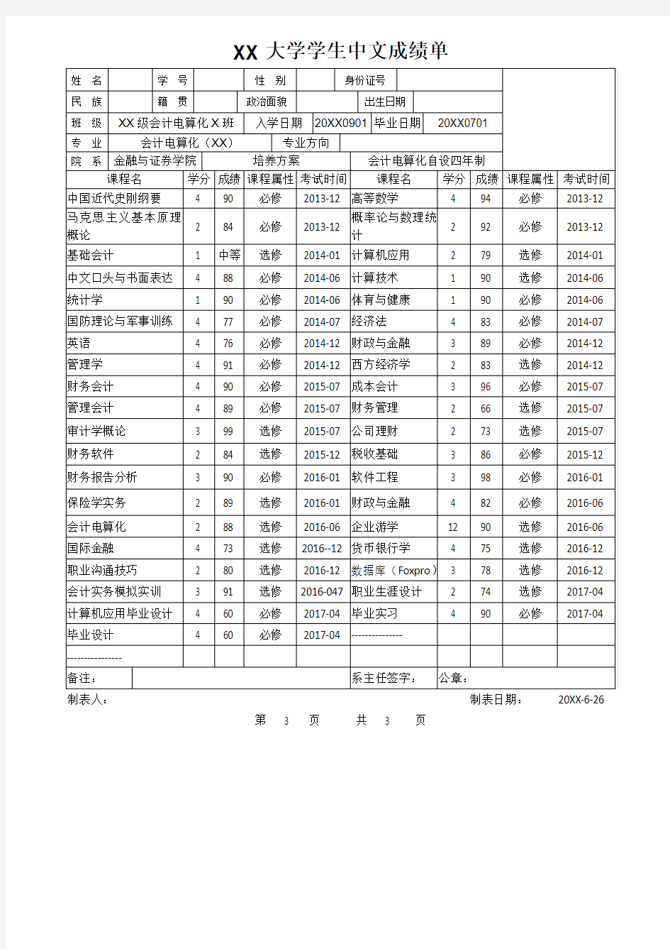 XX大学学生中文成绩单(会计电算化专业)