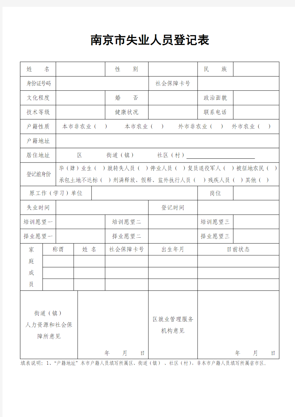 南京失业人员登记表