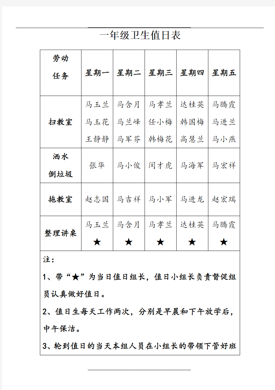 一年级卫生值日表