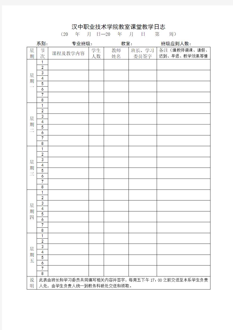 汉中职业技术学院教师课堂教学日志