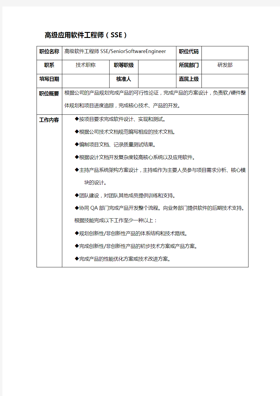 it企业高级应用软件工程师(SSE)岗位职责