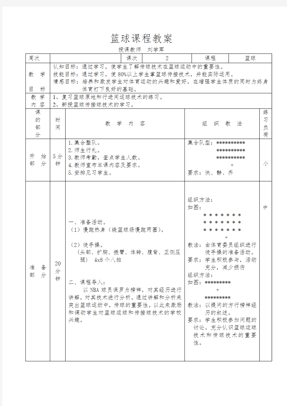 小学篮球传球教案