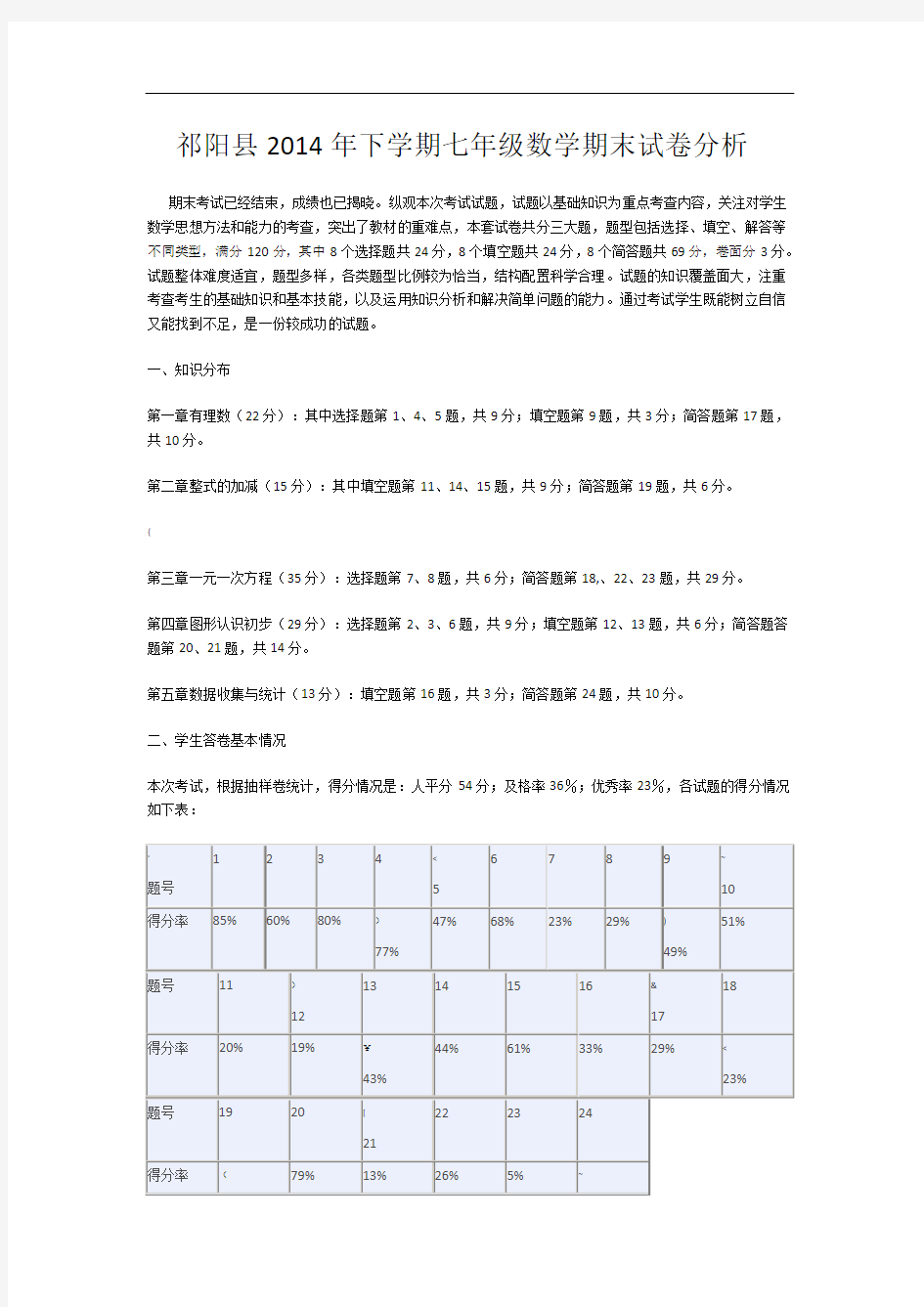 七年级上数学试卷分析