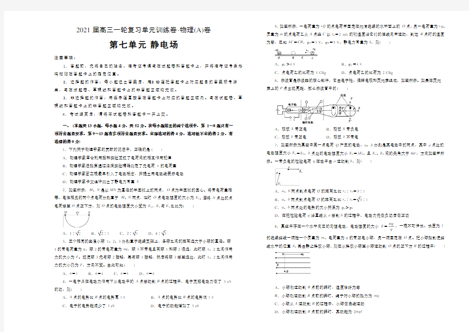 2021届高三物理一轮复习第七单元静电场训练卷 A卷   word版带解析答案