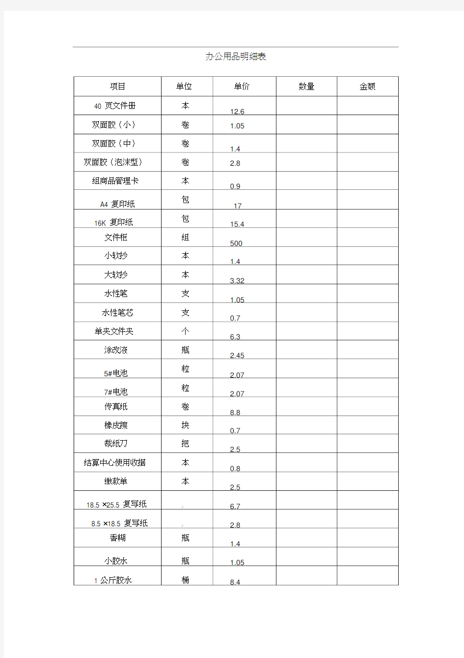 办公用品明细表、价目表