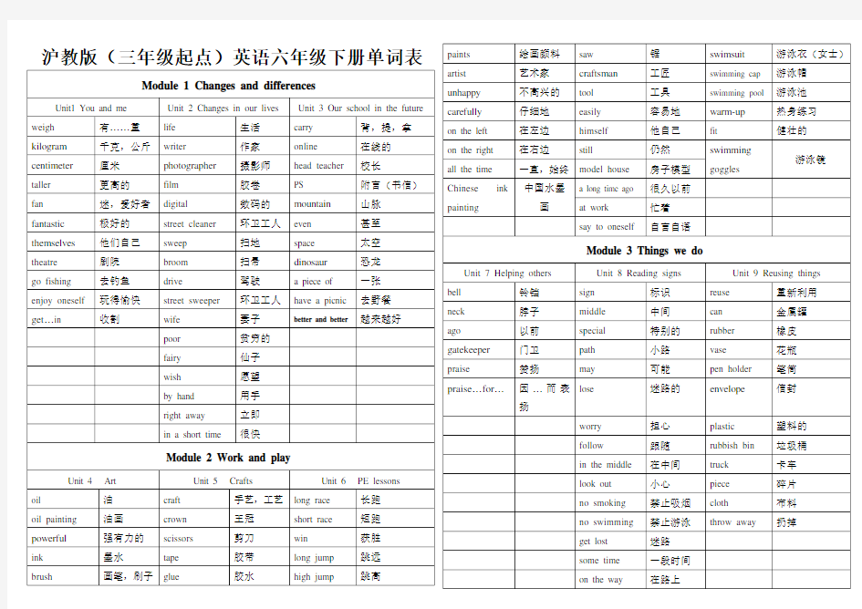 沪教版(三年级起点)英语六年级下册单词表