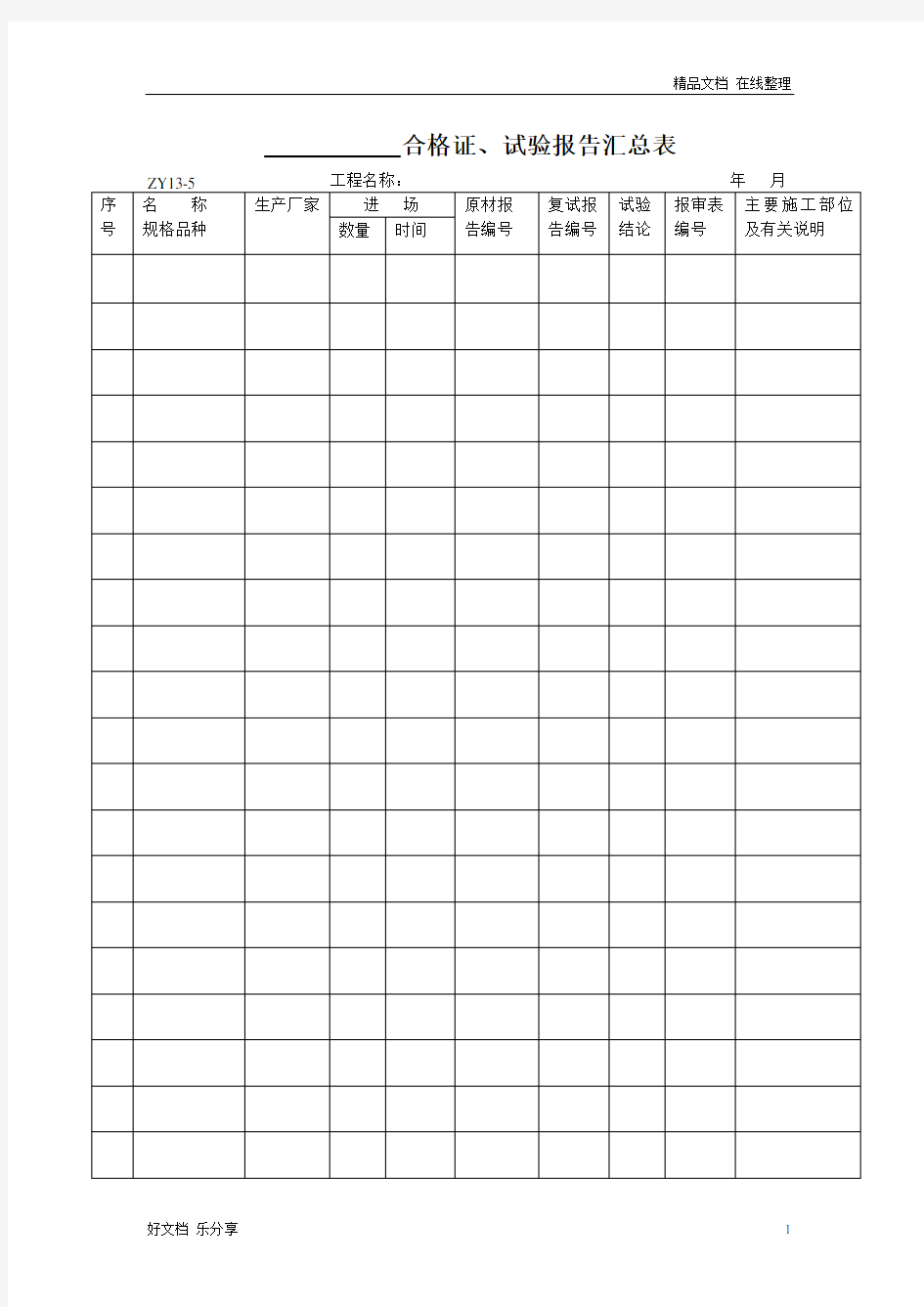 合格证、试验报告汇总表