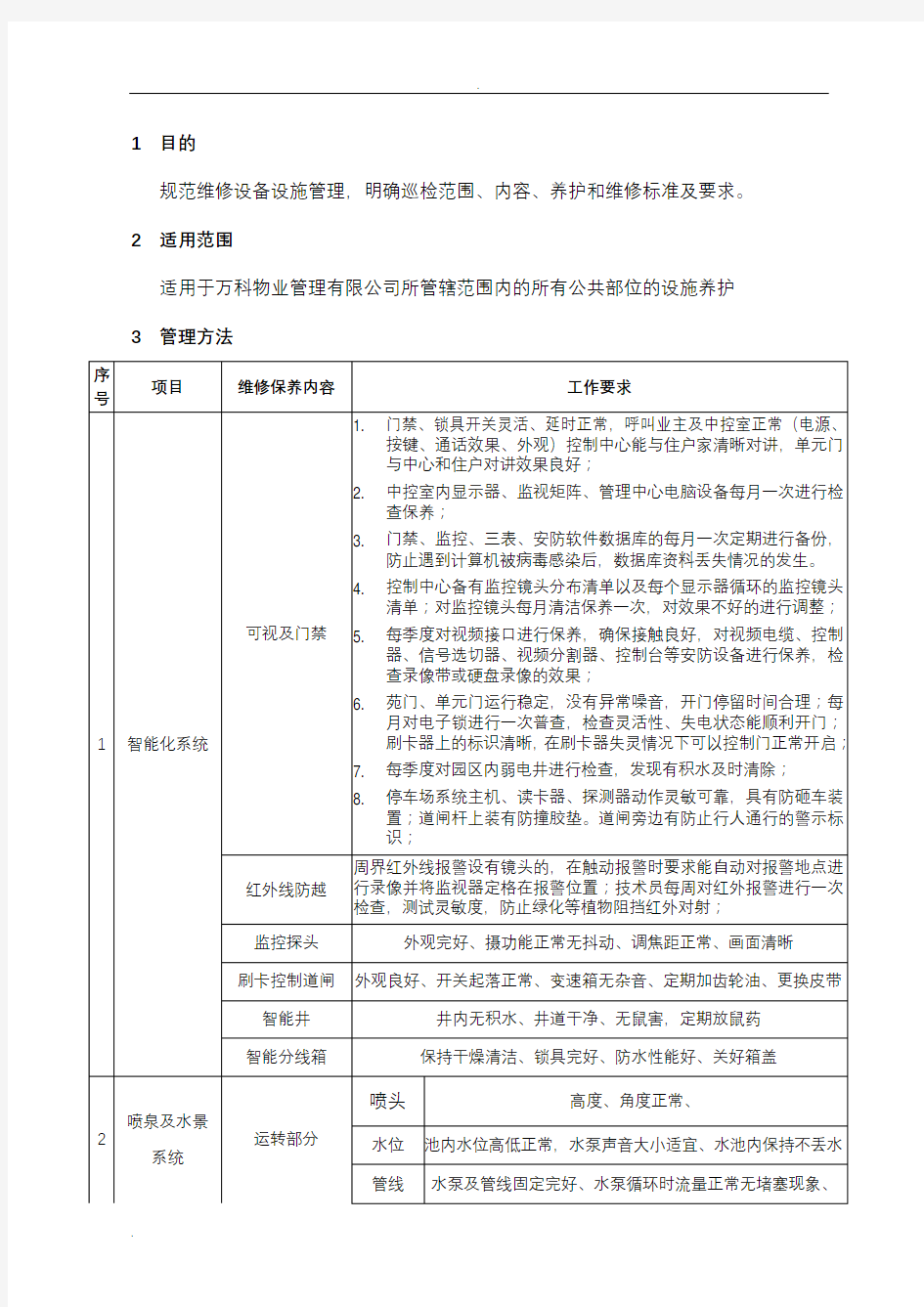 万科物业房屋公共部位及设施维修养护标准