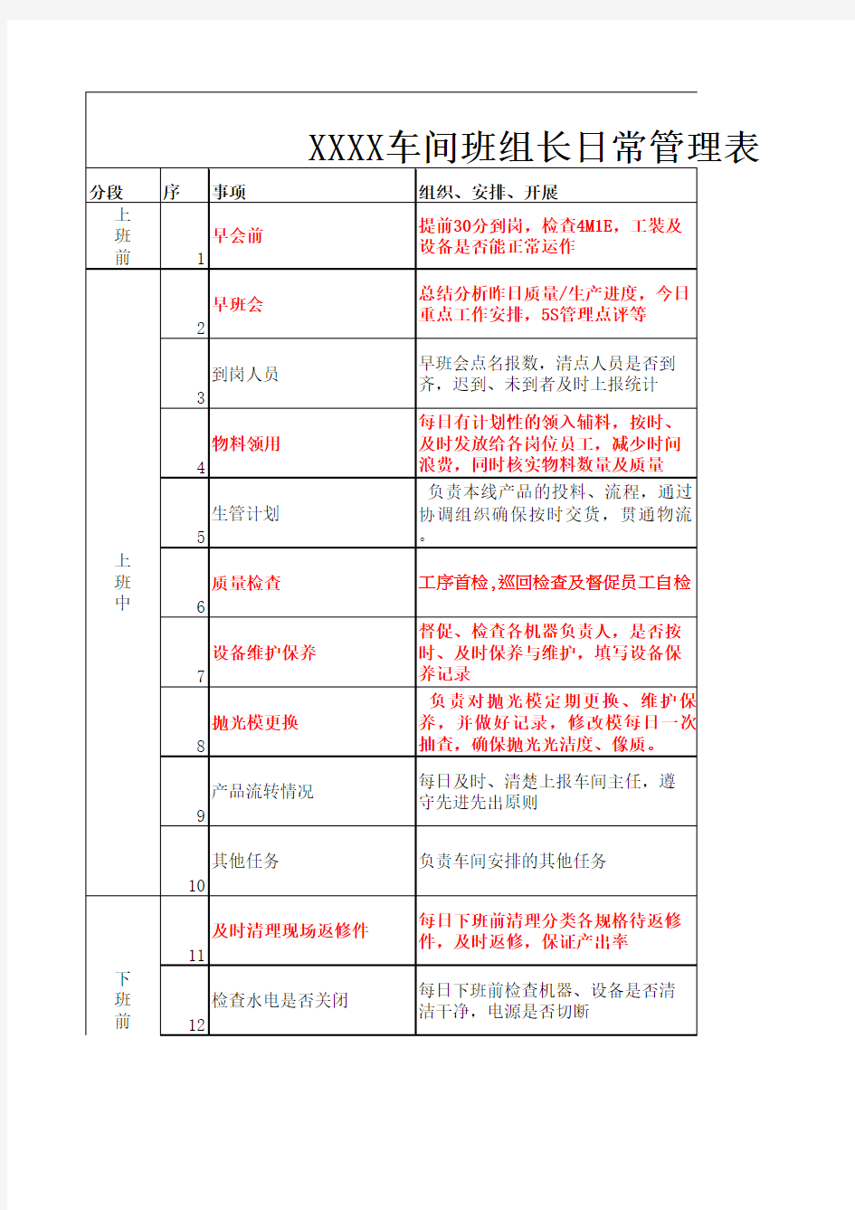 班组长日常管理表