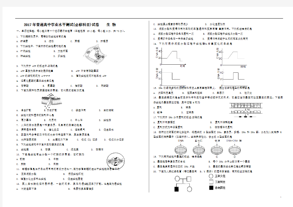 2017年高中生物会考测试真题(含答案)