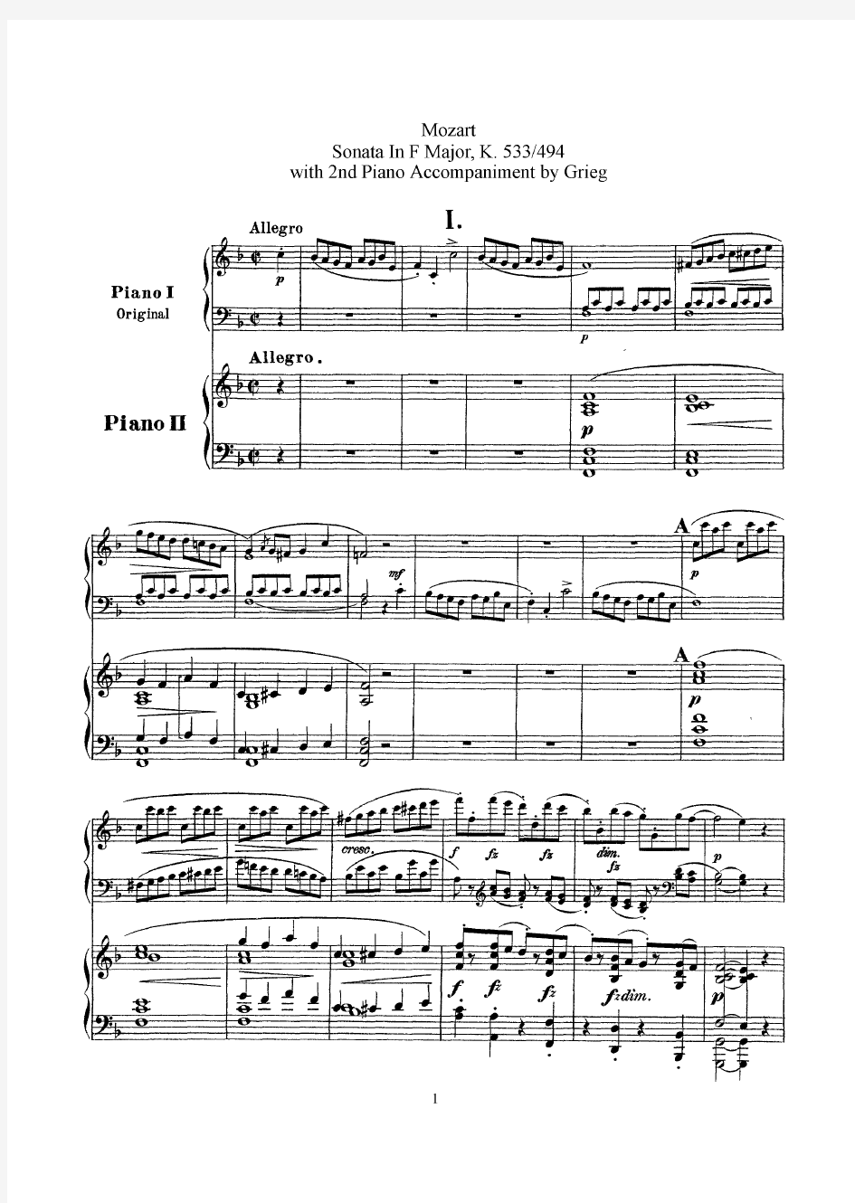 (格里格 双钢琴)Sonata in F, K 533 (Mozart) 原版 五线谱 钢琴谱 正谱