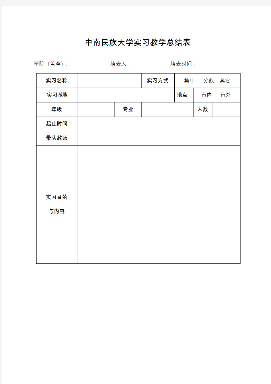 中南民族大学实习教学总结表【模板】