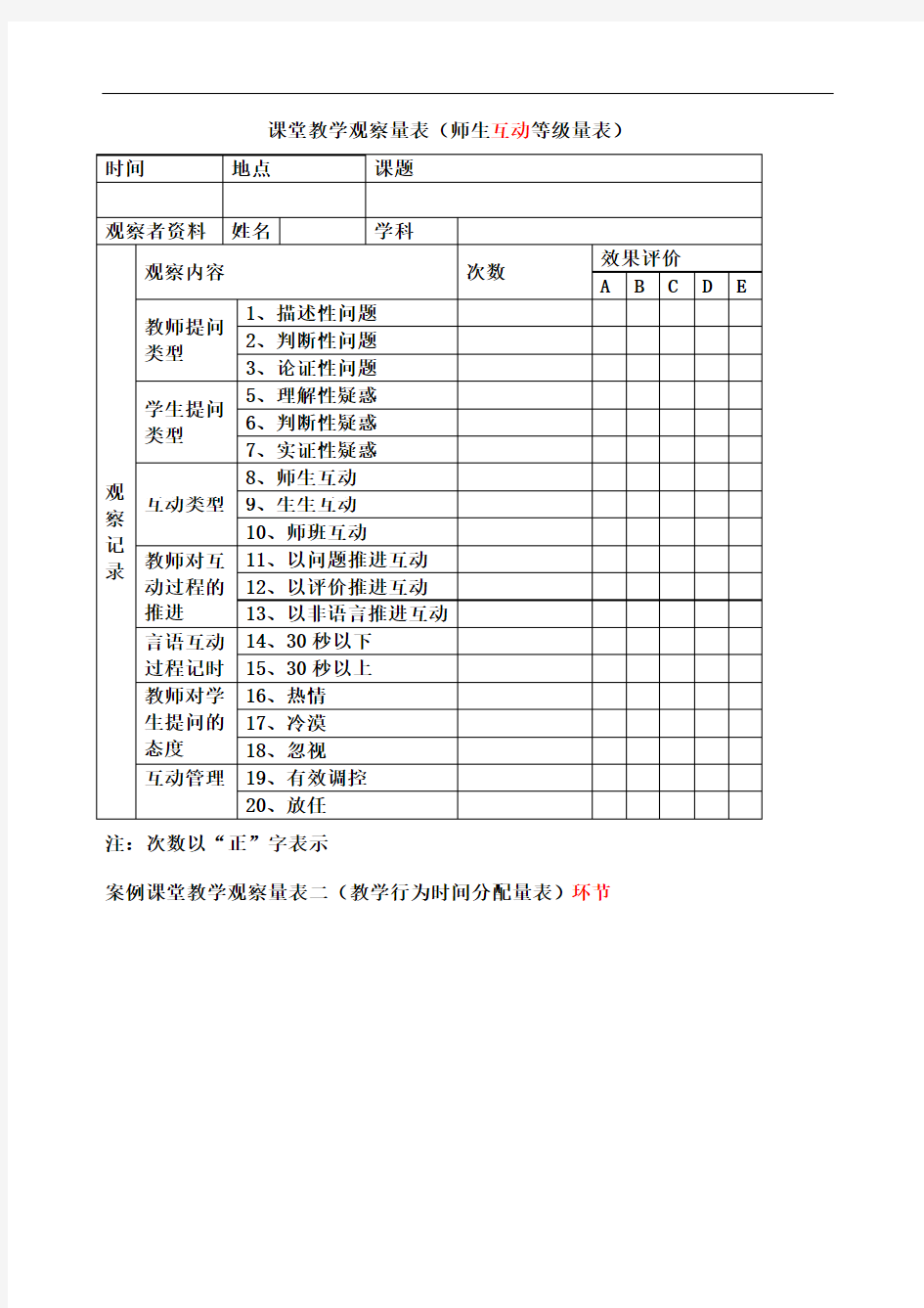 课堂观察量表范例