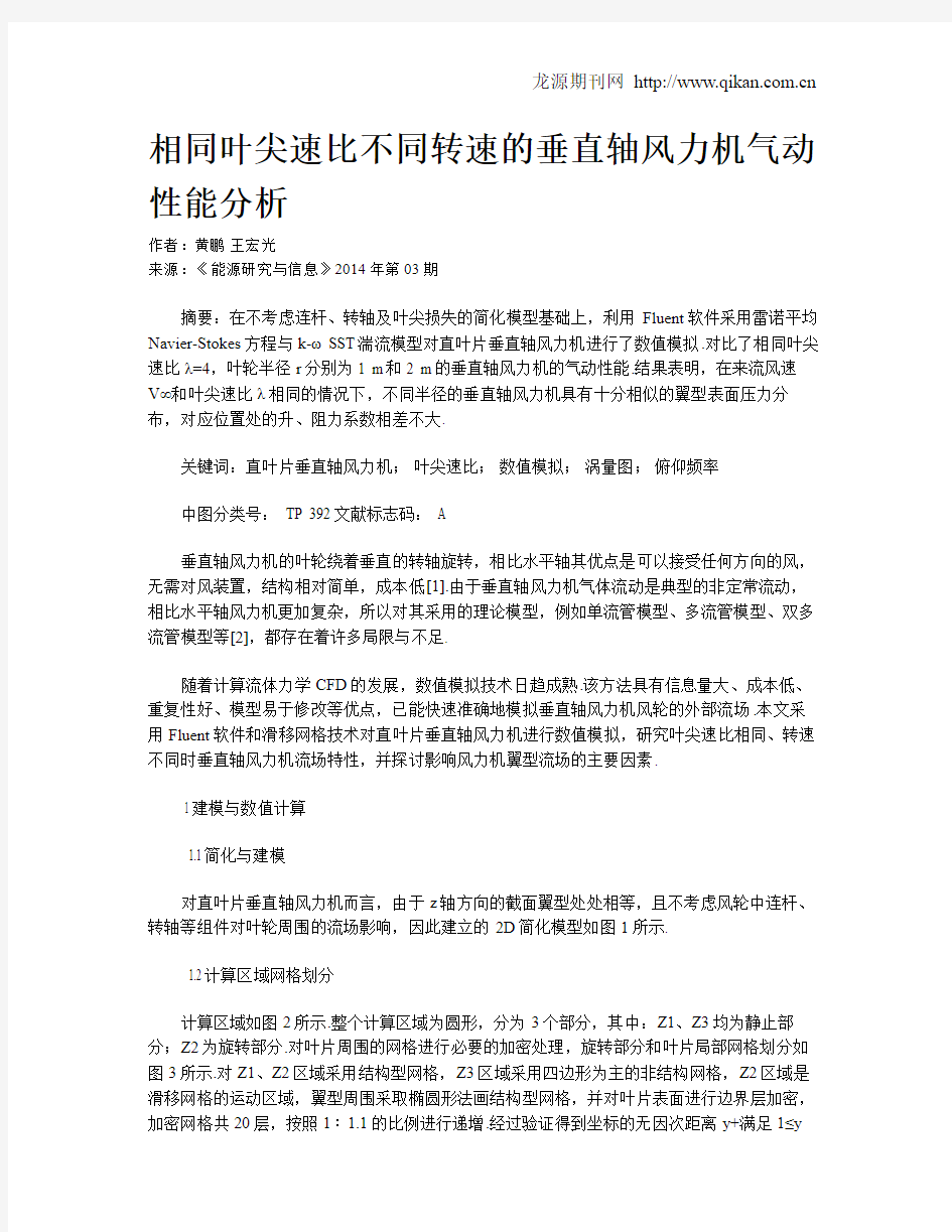 相同叶尖速比不同转速的垂直轴风力机气动性能分析