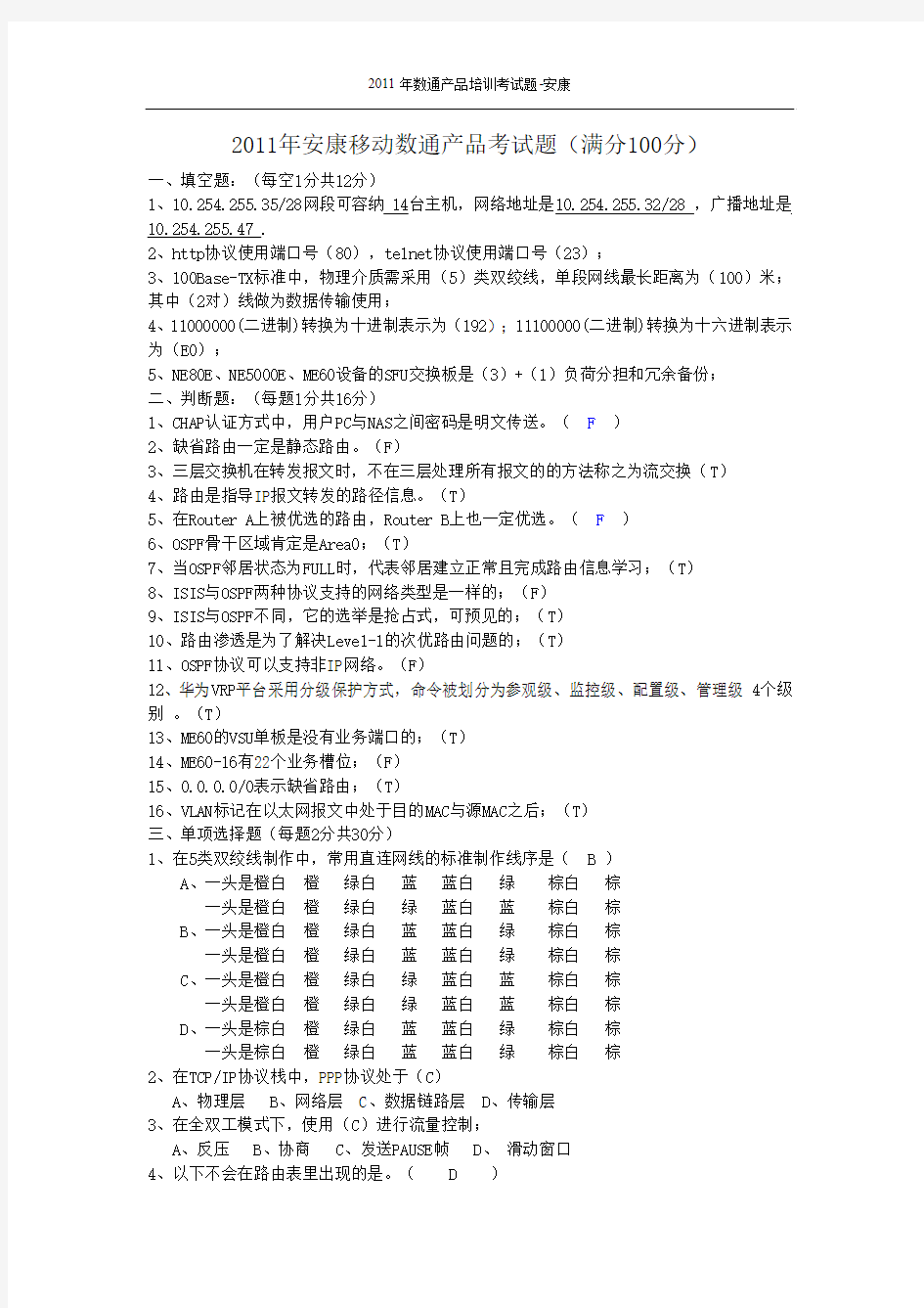 2011年数通产品考试题--答案