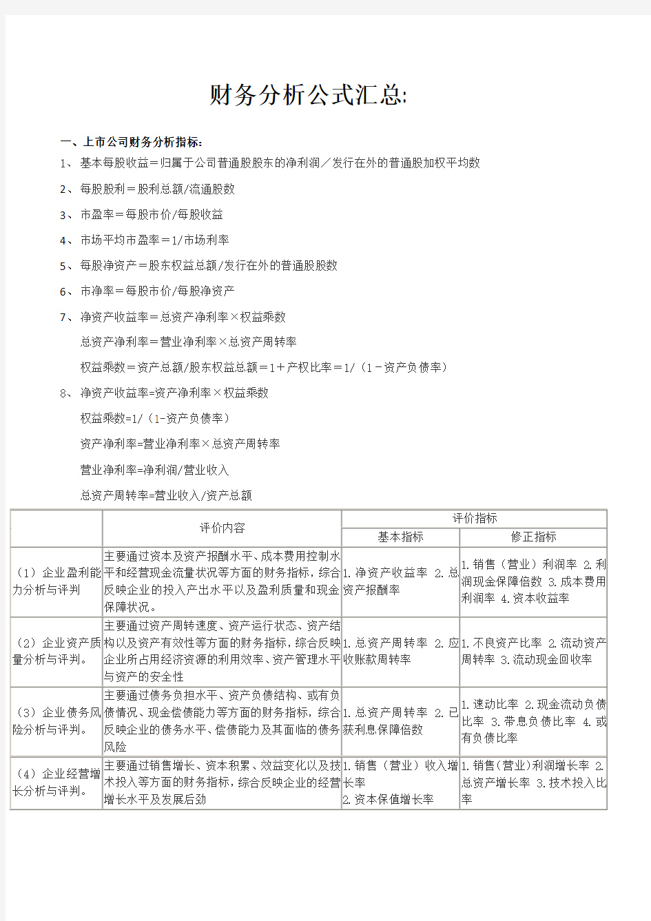 财务分析公式汇总