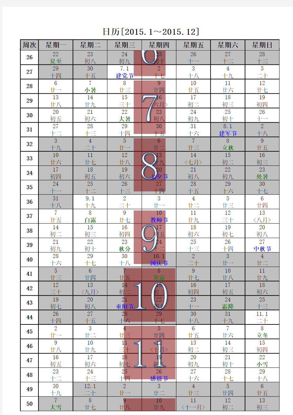 2015年日历(含2015年农历,2015年周历,2015年节气)