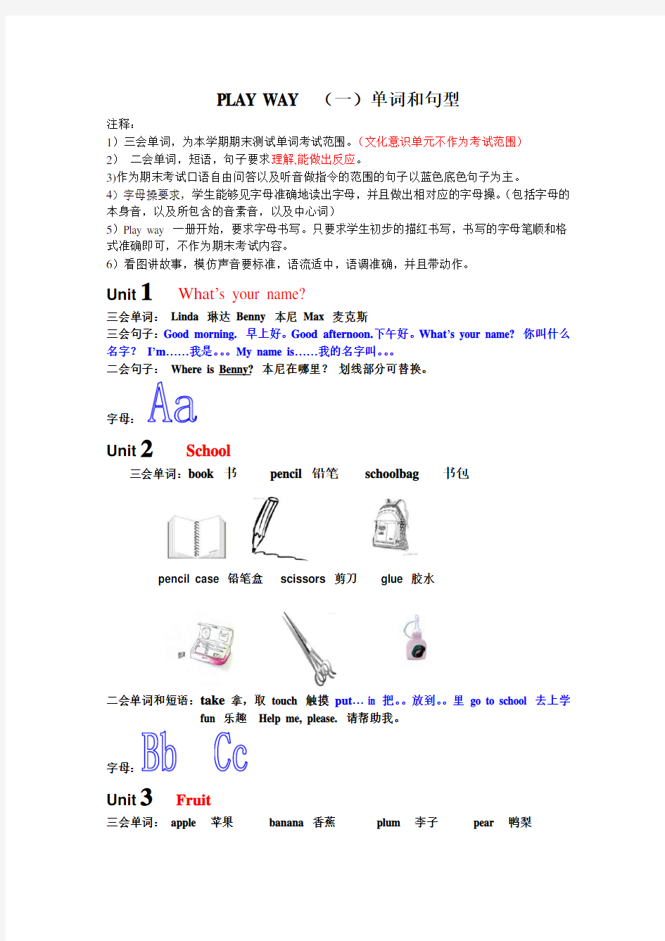 剑桥国际儿童英语playway1单词和句型