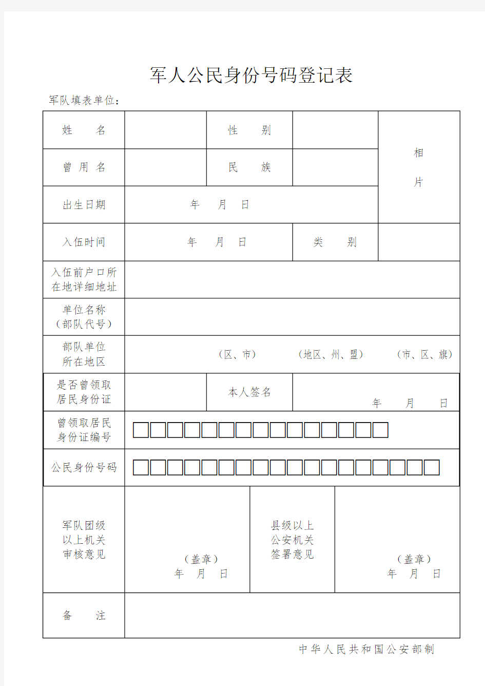 军人公民身份证号码登记表(有说明)