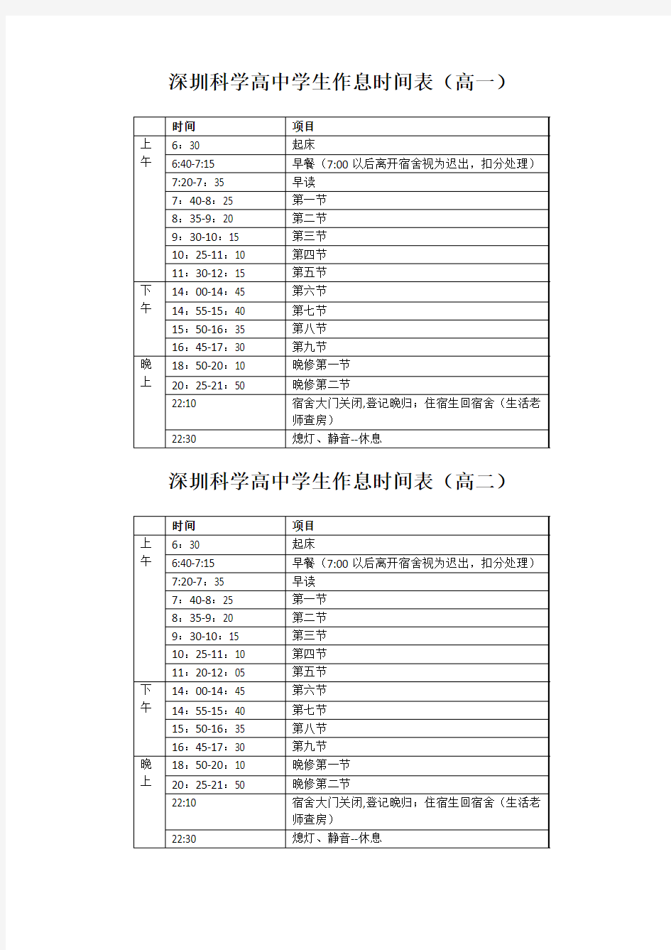 深圳科学高中学生作息时间表150906